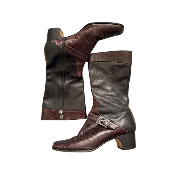 Brighton Gabby Leather Croc Choco Black and Brown Mid Calf Boots Size 6 M - Picture 2 of 11